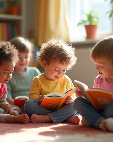 Photo of children sitting on a rug reading books happily in a bright room